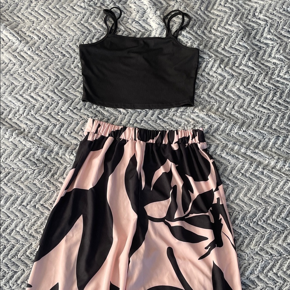 SHEIN Black Crop Top and Abstract Wide Leg Pants Set NWOT